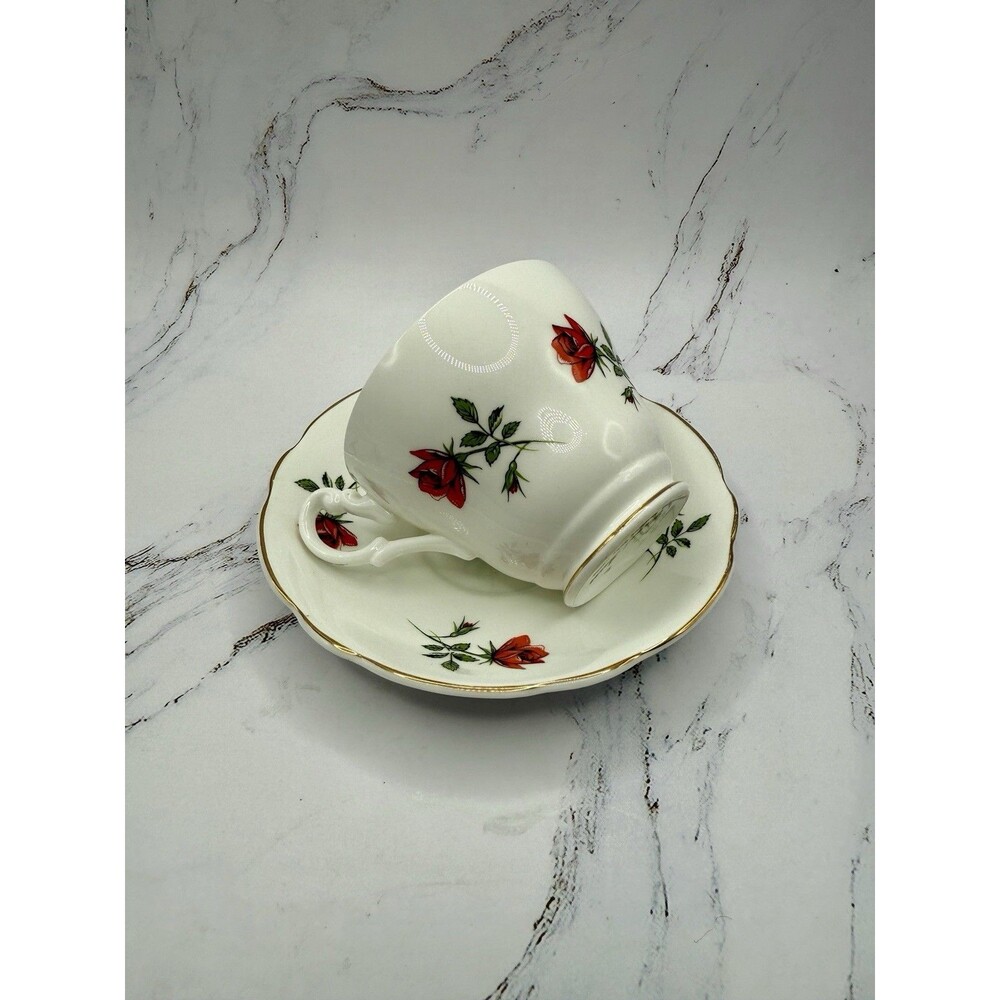 Vintage Royal Ascot English Bone China Teacup and Saucer Long Stem Red‎ Rose